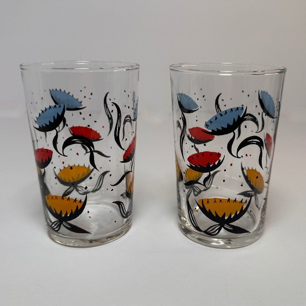 Mid Century Modern Hand-Painted Floral Glass Tumblers | Retro Atomic Barware |